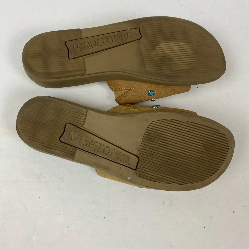 Minnetonka Tan Brown Suede Leather Slides Sandals Turquoise size 8